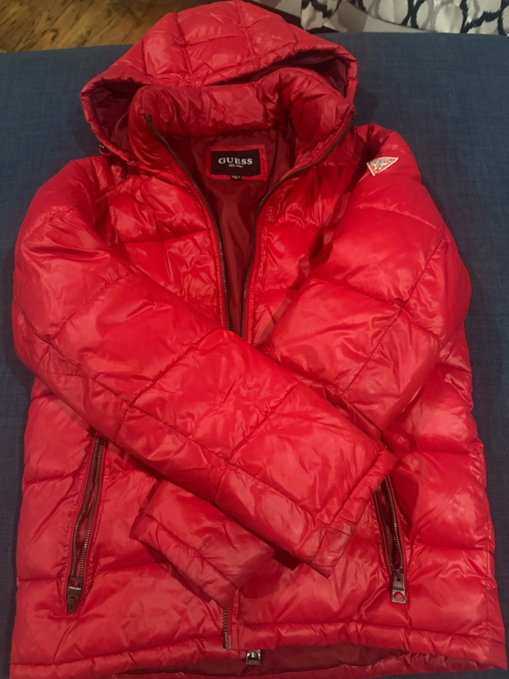 GUESS Red Quilted Hooded Puffer Jacket